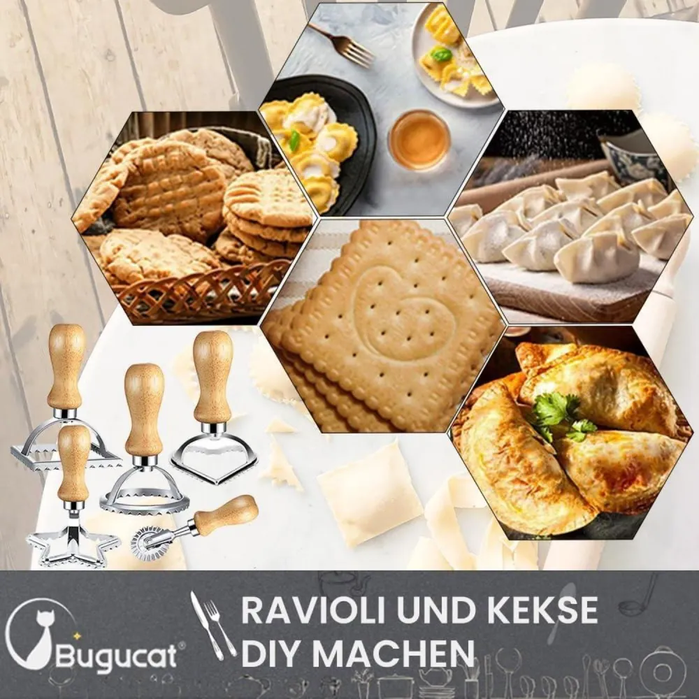 Bugucat Ravioli Ausstechformen Set mit Holzgriff - 5-teilig