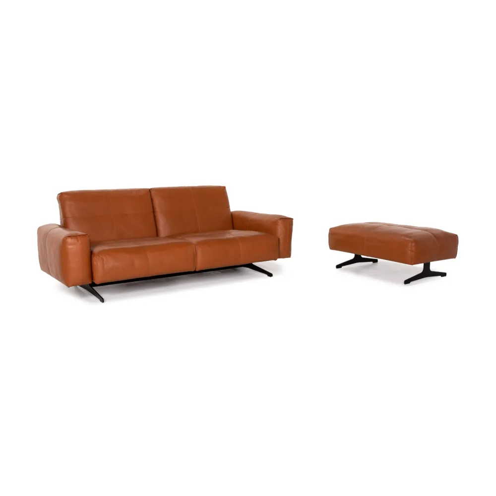Rolf Benz 50 Leder Sofa Garnitur Cognac Braun 1x Dreisitzer 1x Hocker Funktion #13784
