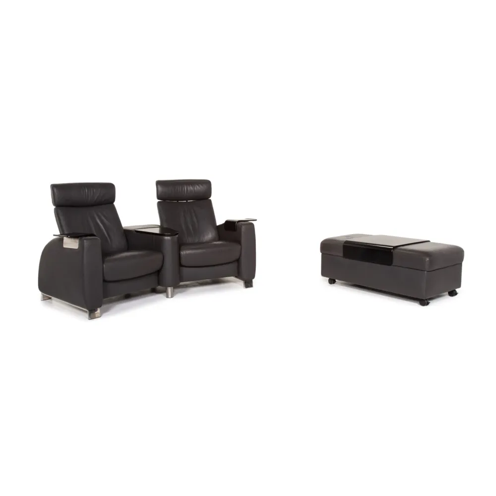 Stressless Arion Leder Sofa Garnitur Anthrazit Grau 1x Zweisitzer 1x Hocker Heimkinosofa #13620