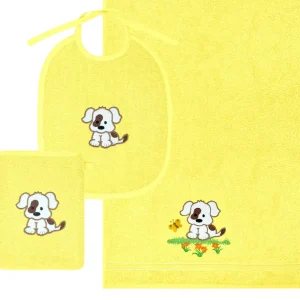 3er Set Baby Geschenkset für Mädchen und Jungen bestickt mit Hund - Gelb