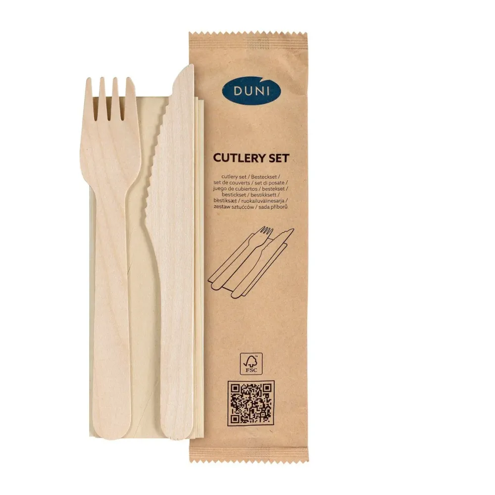 3/1 Besteck Set, Holz, Gabel & Messer, Braune Serviette 160/160 mm Natural gewachst 160/160 | Packung (250 Stück)