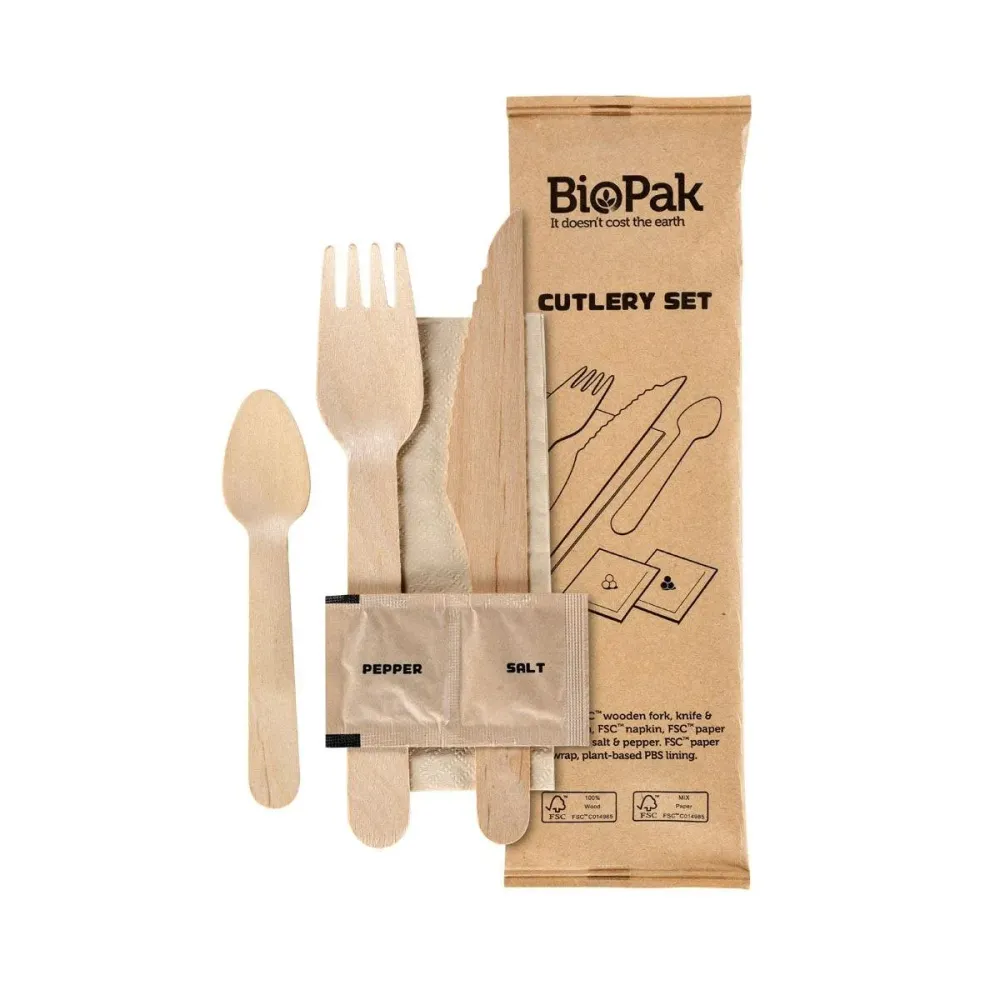 6/1 Besteck Set, Holz, Gabel & Messer, Kaffeelöffel, Serviette, Salz, Pfeffer Natural gewachst 160/165/110 | Packung (250...