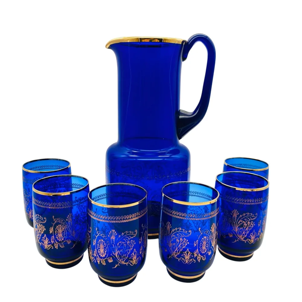 Karaffe und Gläser Set aus Glas blau mit Golddekor 70er 80er Jahre Saftset Hausbar