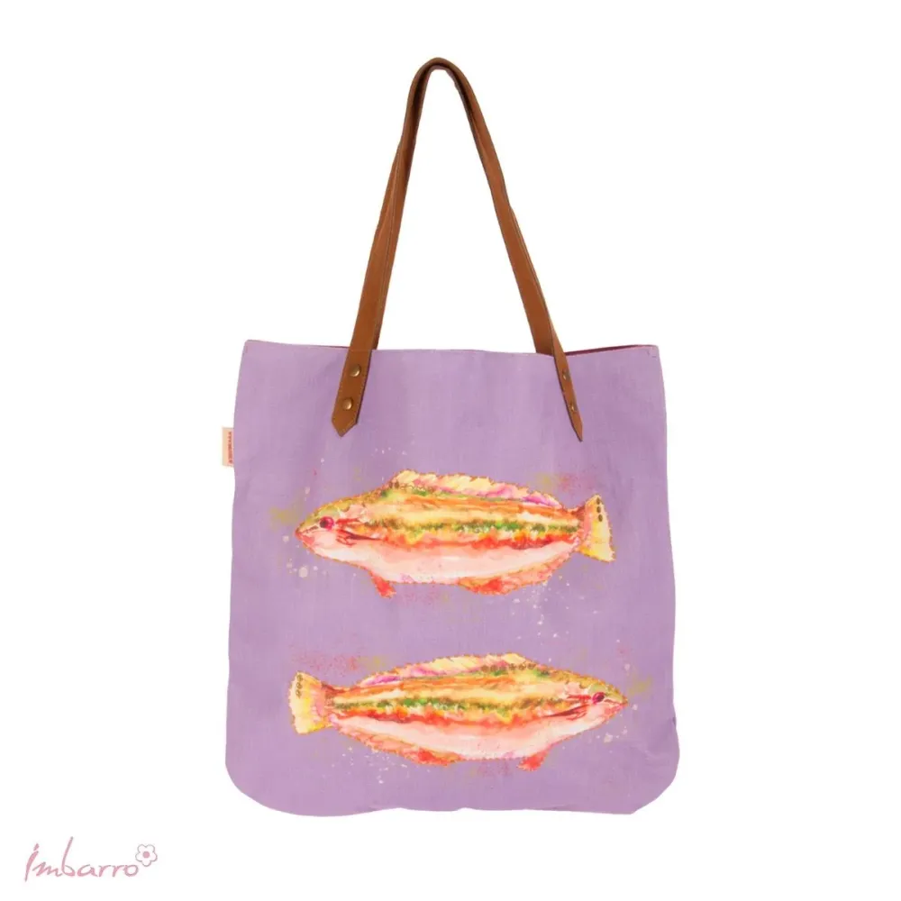 Shopper Tasche Fish – maritime Baumwolltasche mit Fischmotiv Lila Multicolor