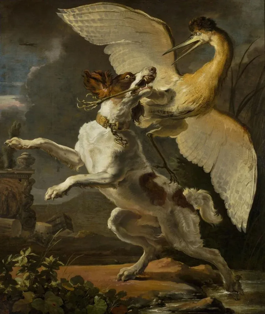 Gemälde Ein Hund kämpft gegen einen Reiher - Abraham Hondius