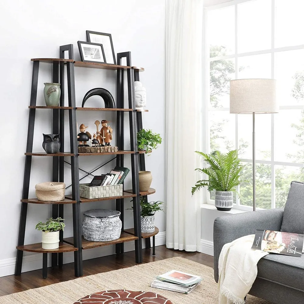 VASAGLE Bücherregal, Eckregal mit 5 Ablagen im Industriedesign, Leiterregal mit Metallrahmen, für Wohnzimmer, Büro, Vintag...
