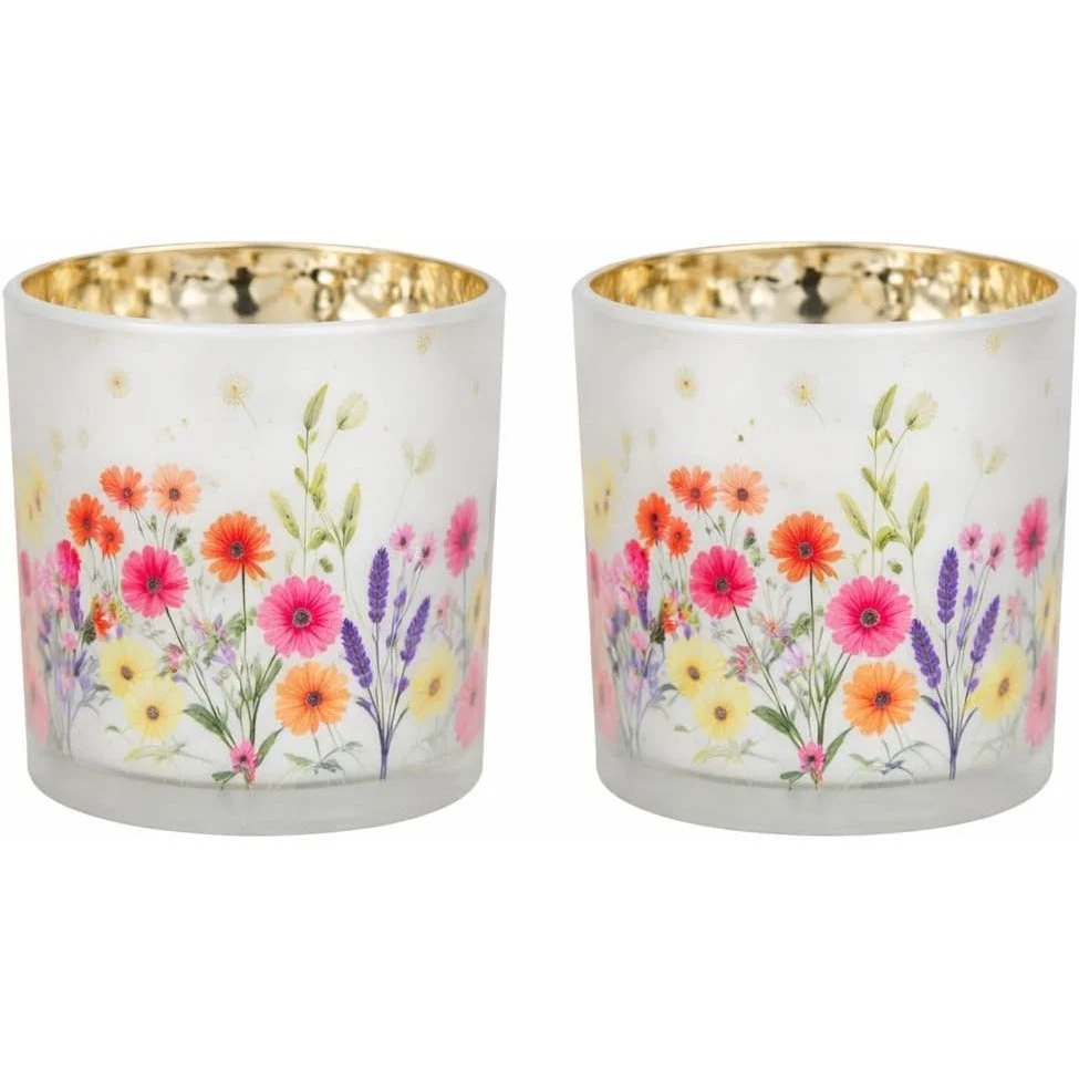 2er Set Windlichter mit Blumenwiese 7x8x7 cm – Teelichthalter aus Glas mit floraler Frühlingsdeko, Glaslichter für Tisch,...