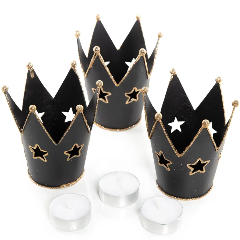 3 große Kronen Teelichthalter schwarz gold mit Glitzer - glitzernde Windlichter 11 cm