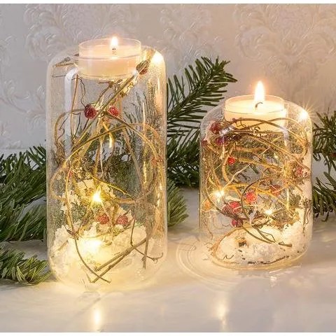 LED Teelichthalter mit Dekor, 2er Set, 10 cm und 15 cm