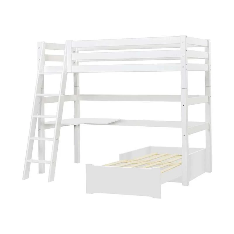 Hoppekids ECO Luxury - MEGA Bett mit Lounge-Modul und Tischplatte - 90x200 cm. - Schräge Leiter - Weiß