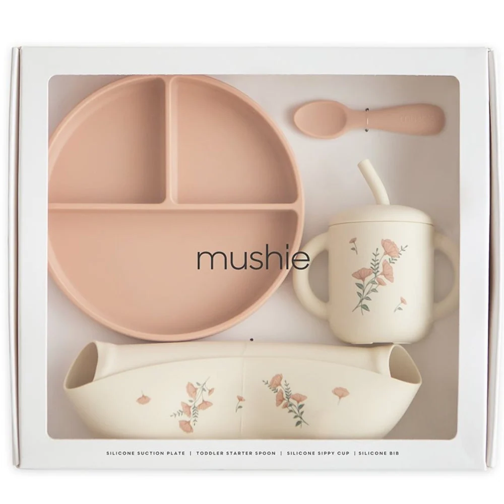 Mushie Silikon-Geschirrset - Rosa Blumen