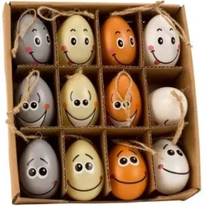 12 Stück Deko Ostereier 6 cm Eier zum Hängen Osterhänger lustig Gesichter lachen IK