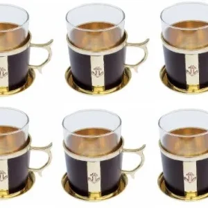 6er Set- Grog- Glas/Tee- Glas- maritim- Messing, Leder, Glas mit Untersetzer- Ankermotiv