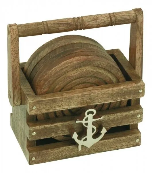 6 Flaschen- Untersetzer im Korb - Holz/Messing