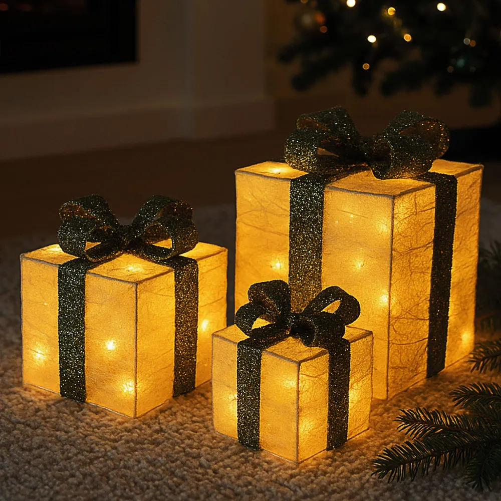 LED Geschenk 3er Set creme gold 10 LEDs warmweiß 3 Größen Kunststoff Timer batteriebetrieben Geschenkboxen Weihnachtsbeleu...