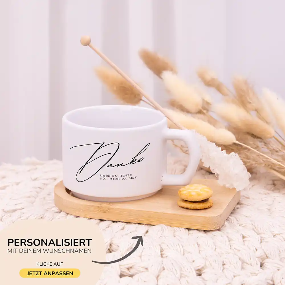 Muttertagsgeschenk Keramikbecher mit Untersetzer – Danke – immer für mich da