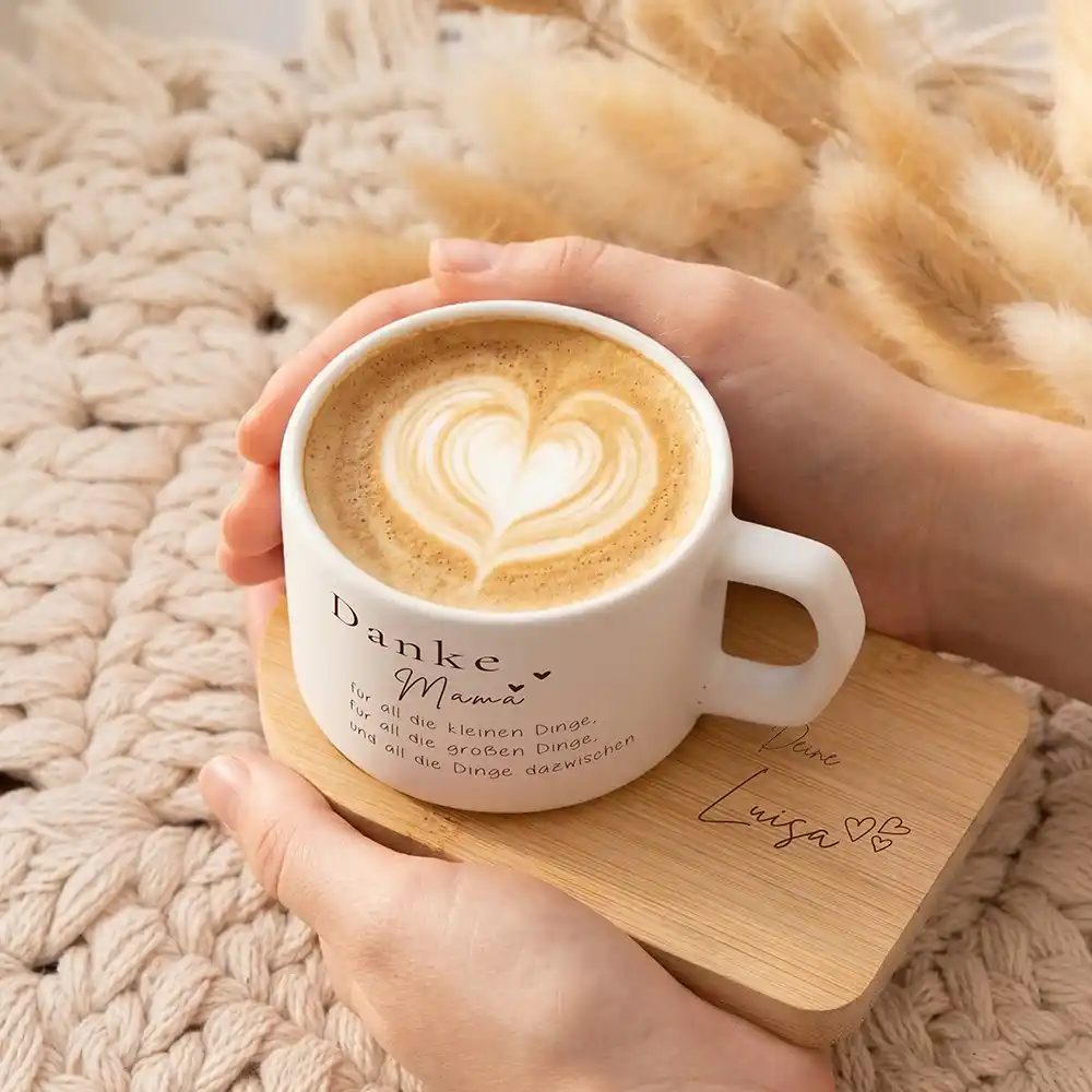 Muttertagsgeschenk Keramikbecher mit Untersetzer – Danke Mama – kleine und große Dinge