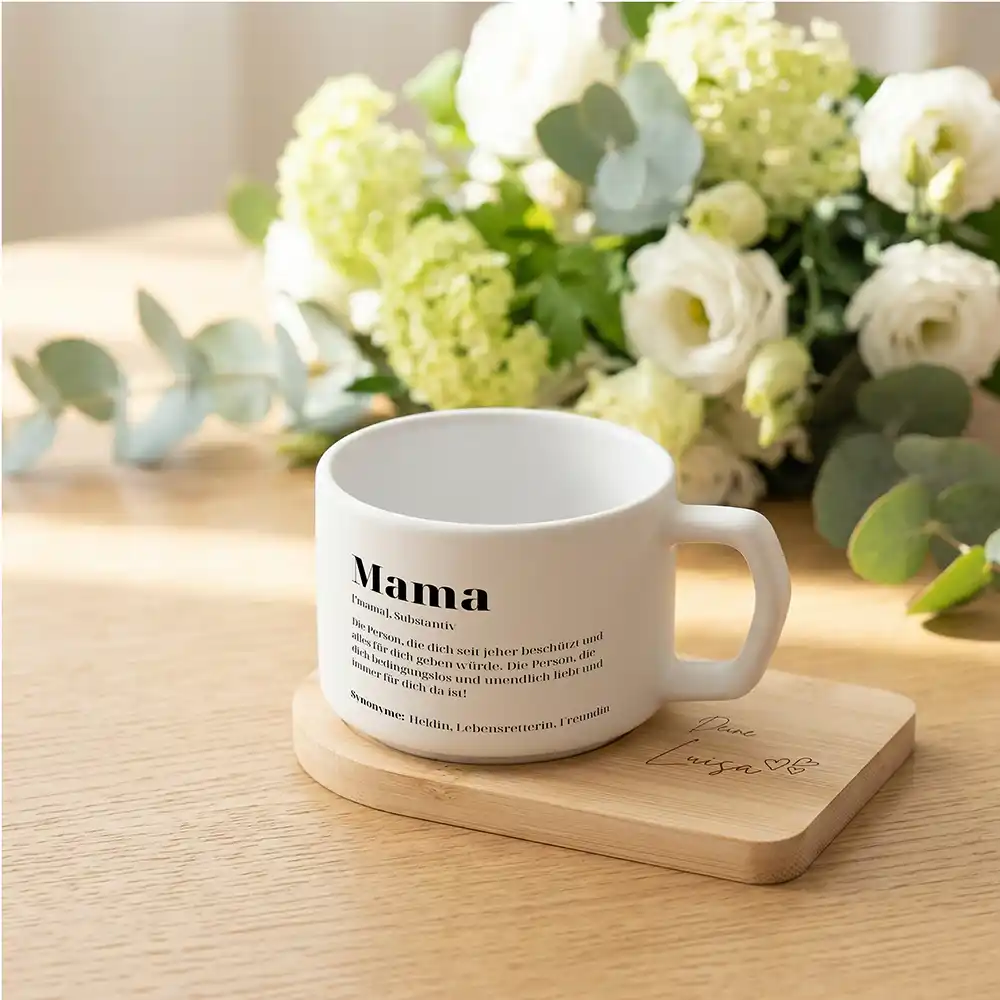 Muttertagsgeschenk Keramikbecher mit Untersetzer – Mama Definition