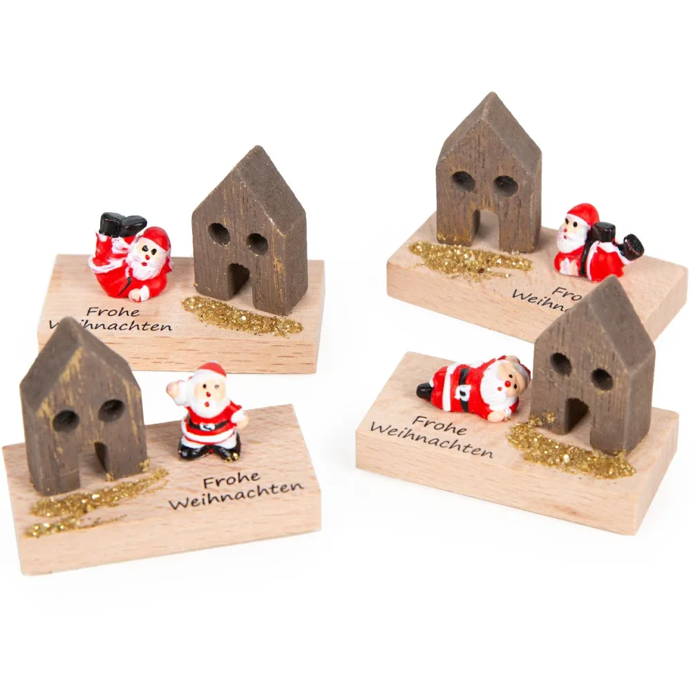 4 Mini Geschenke "Frohe Weihnachten" Nikolausfigur mit Haus 5 x 2,5 cm