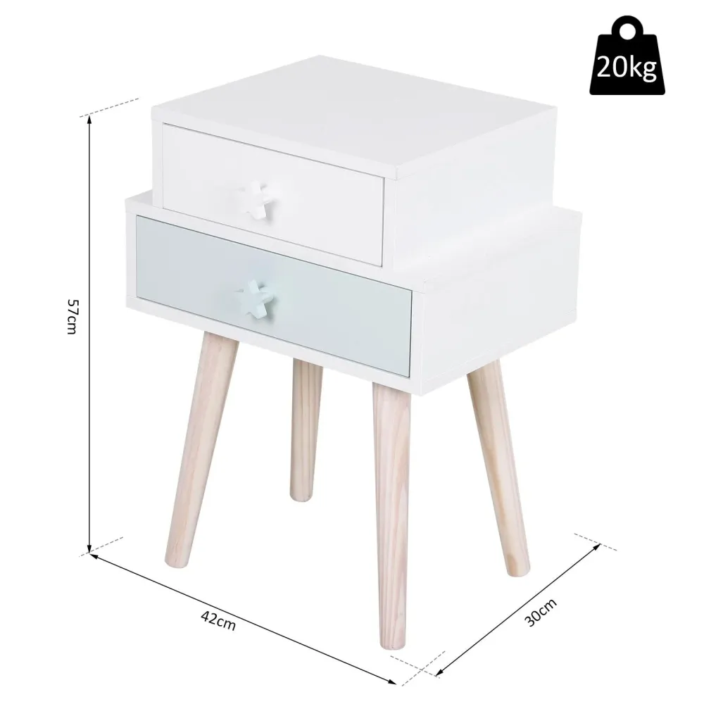 Nachttisch mit 2 Schubladen aus MDF-Holz 42x30x57 cm Weiß und Blau