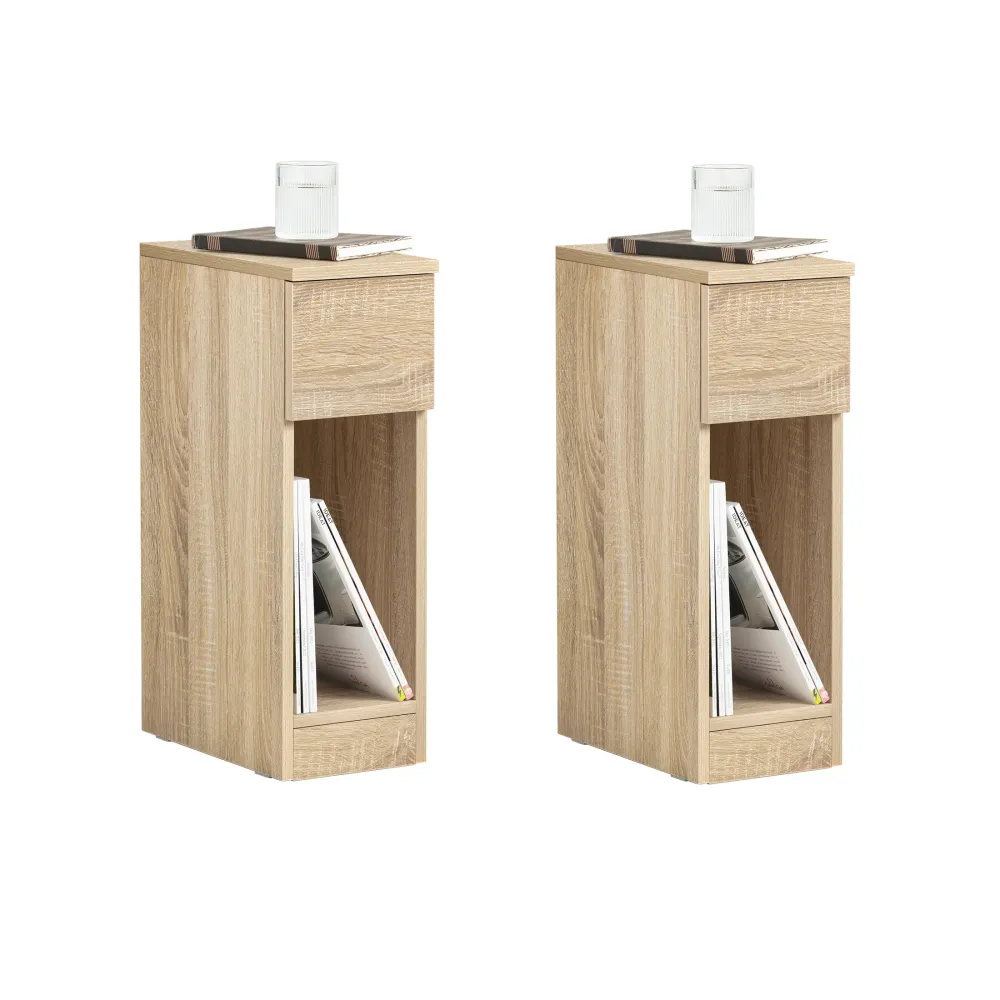 SoBuy | Nachttisch 2er Set schmal | mit Schublade Natur | FBT111-Nx2