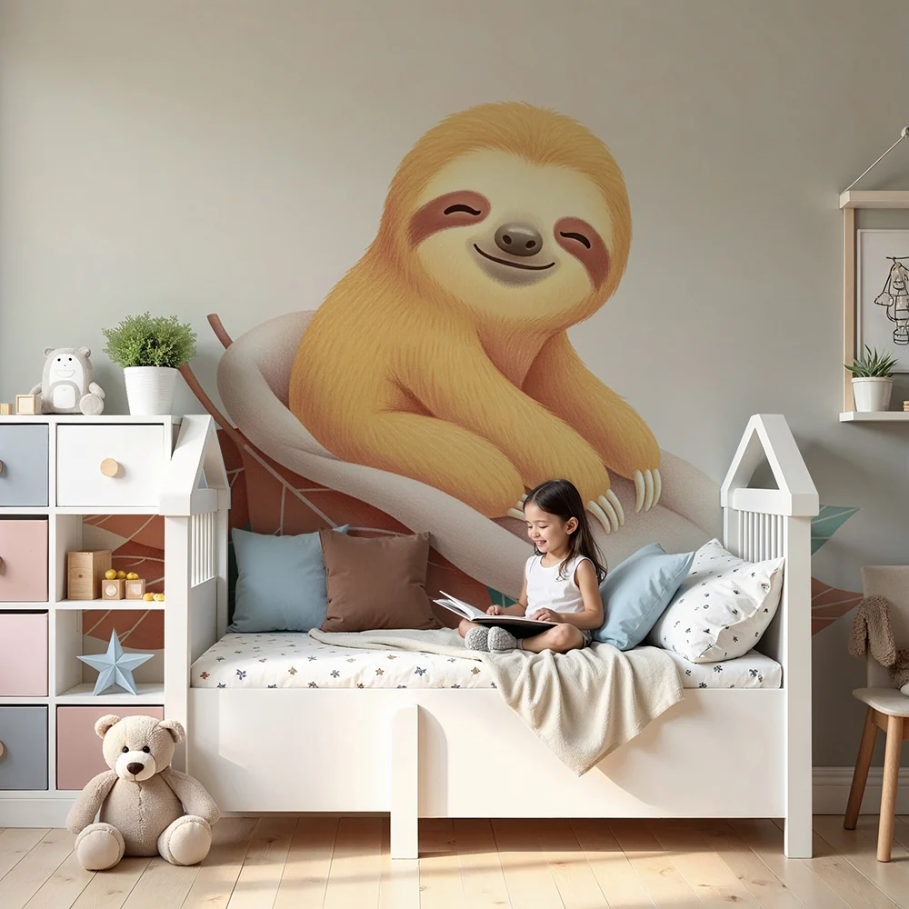 Babyzimmer Tapete | Niedliche Faultiere auf einem Bett aus bunten Blättern