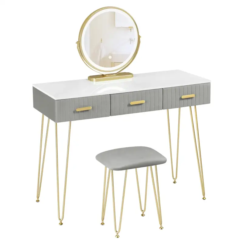 BukkitBow – Schminktisch-Set mit LED-Spiegel und Hocker – Massivholz mit Samt – Golddetails – 100 x 121,5 x 40 cm