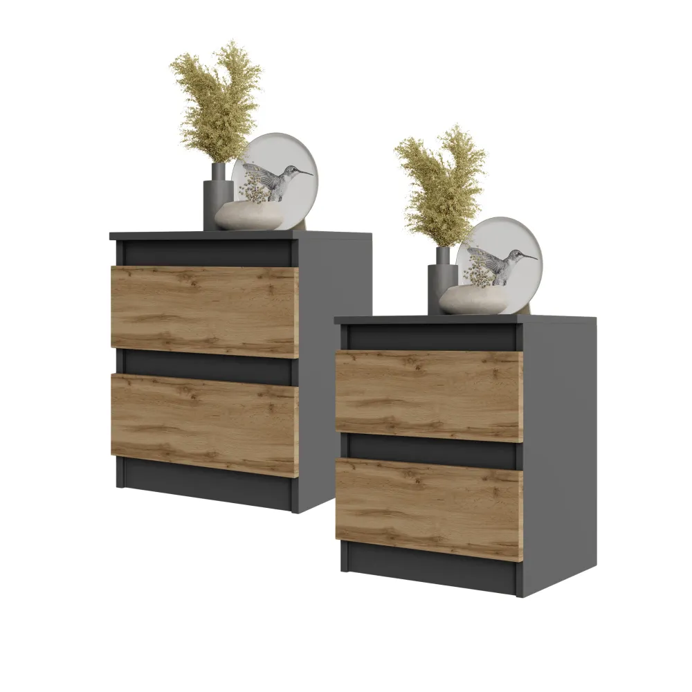 GABRIEL BIG - Nachttisch / Nachtschrank mit 2 Schubladen - Anthrazit Grau / Wotan Eiche - H50cm B41cm T33cm