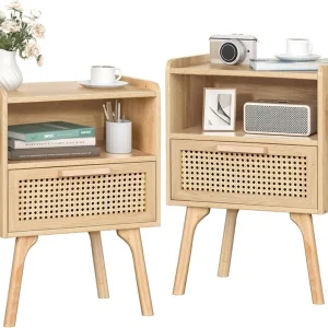Nachttisch 2er Set Rattan Boho mit Schublade und