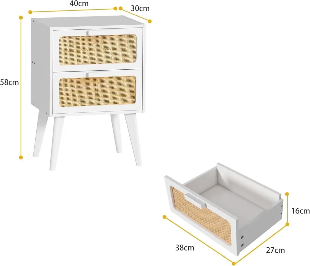 Rattan Nachttisch mit 2 Schubladen, Boho Beistelltisch