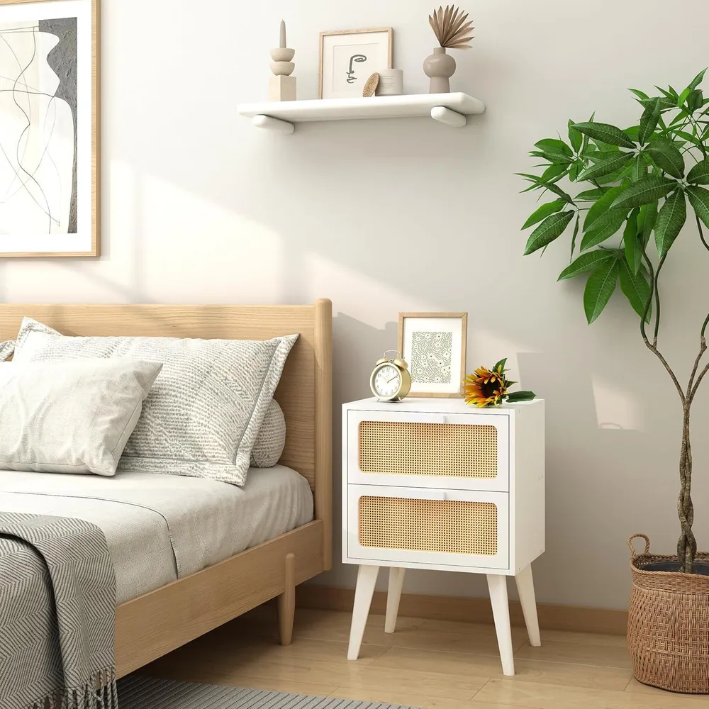 Rattan Nachttisch mit 2 Schubladen, Boho Beistelltisch