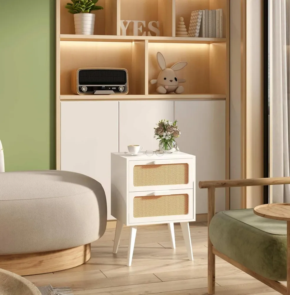 Rattan Nachttisch mit 2 Schubladen, Boho Beistelltisch