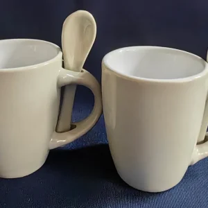2er Set ESPRESSO~ KAFFEETASSE & LÖFFEL - Keramik / Steingut, Moderne Einfärbige Form Dekor (Grau)