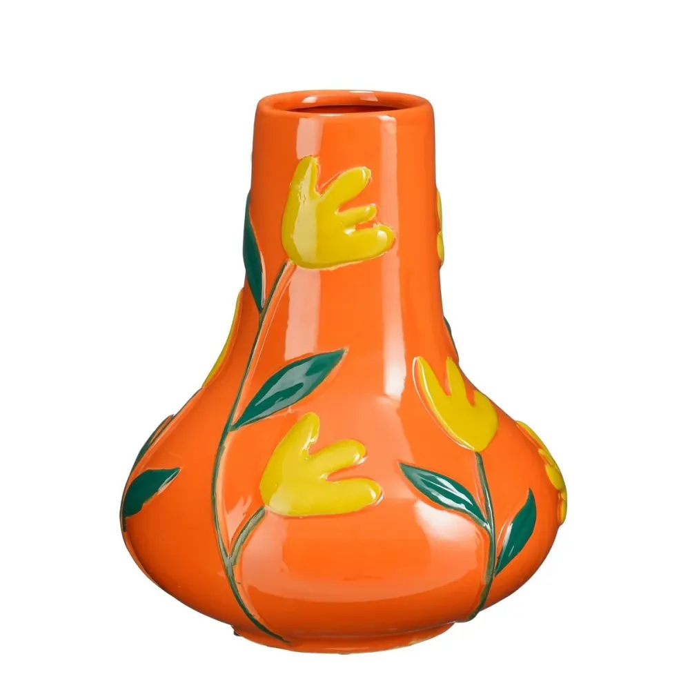 AVA Vase Orange mit Blumenmuster – Keramikvase 30 cm | Mica Decorations