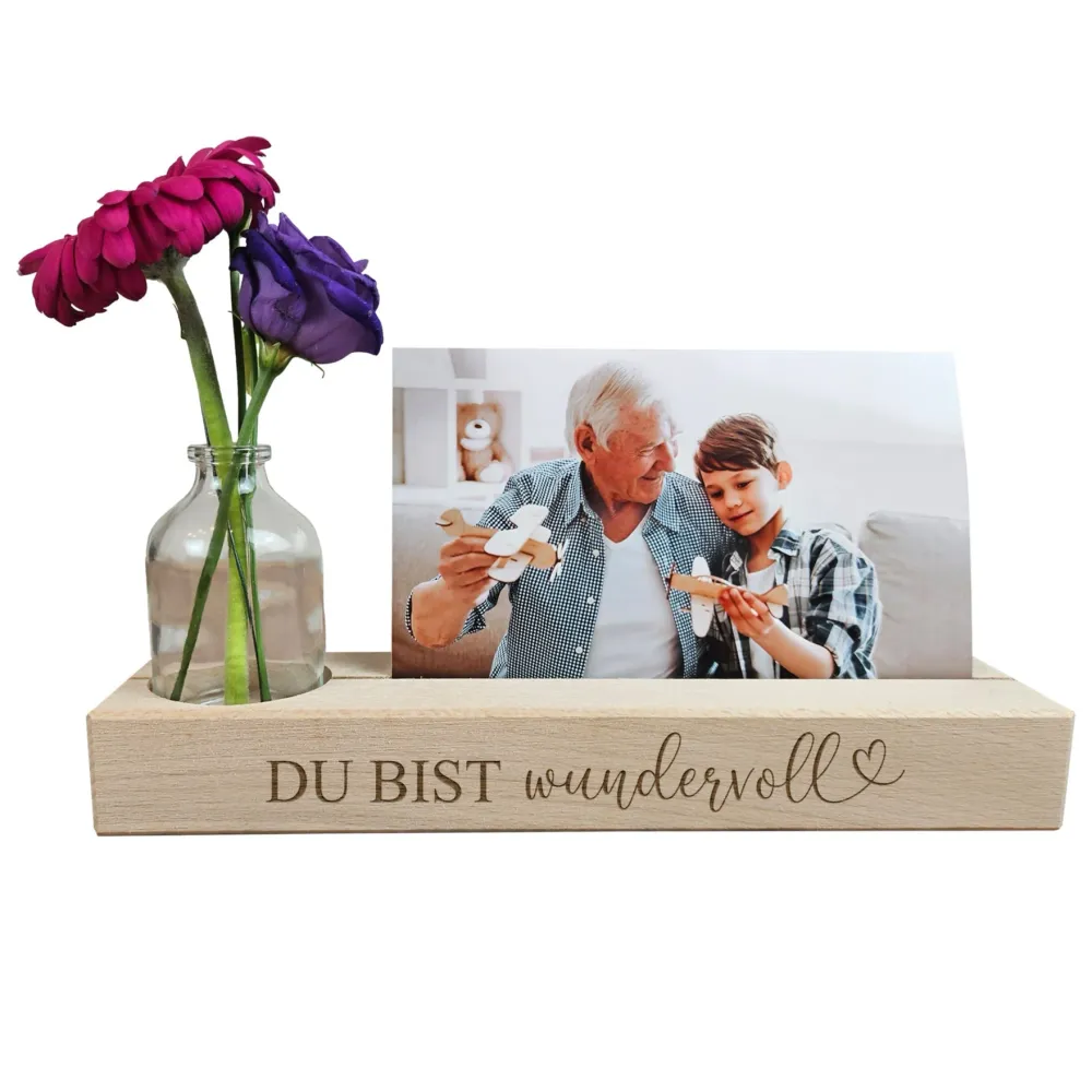 Fotoständer aus Holz mit Vase – Geschenk für Mama, Oma oder Freundin - Du bist wundervoll