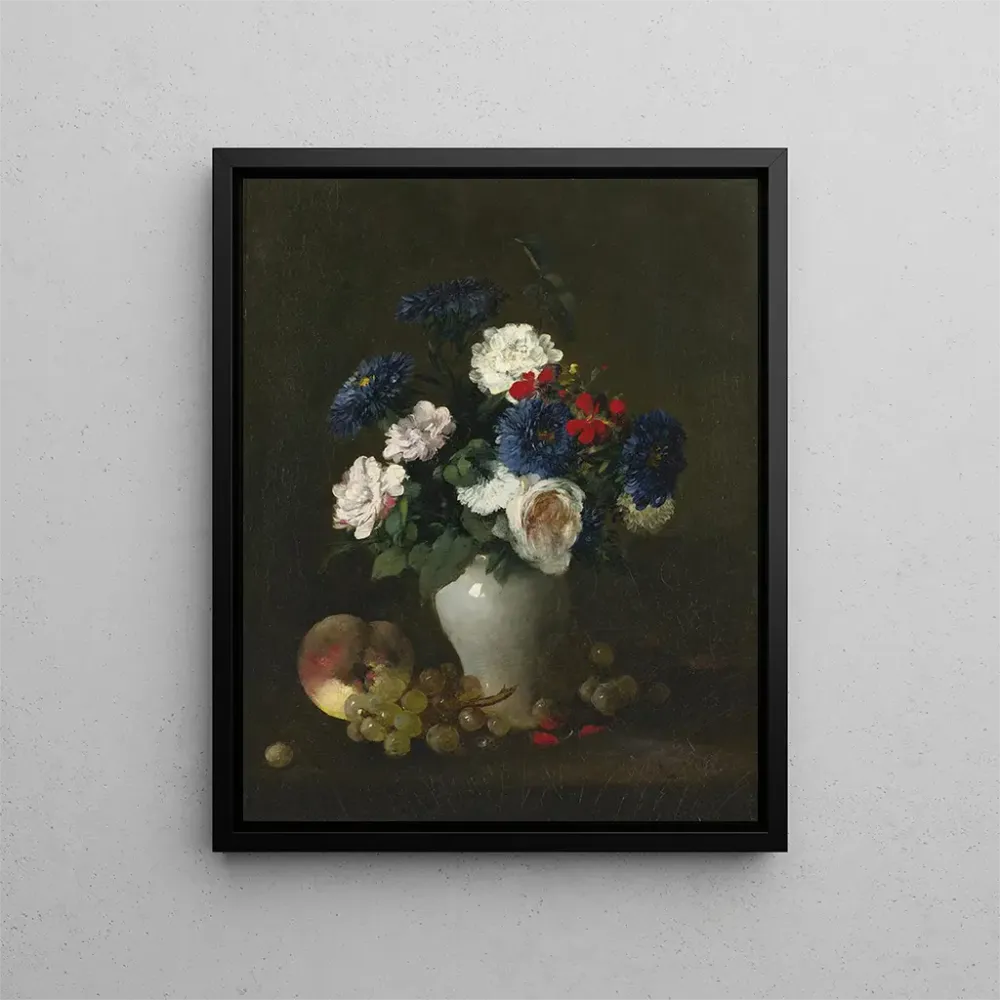 Gemälde Blumen assortiert einer Vase mit Trauben und einem Pfirsich auf einem Tisch - Antoine Vollon | Kunstdruck