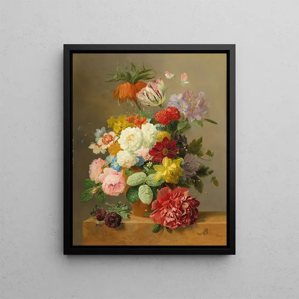 Naturstillleben mit Rosen, Pfingstrosen, Tulpen, Narzissen, Wicke und anderen einer Vase auf einem Marmorboden - Arnoldus...