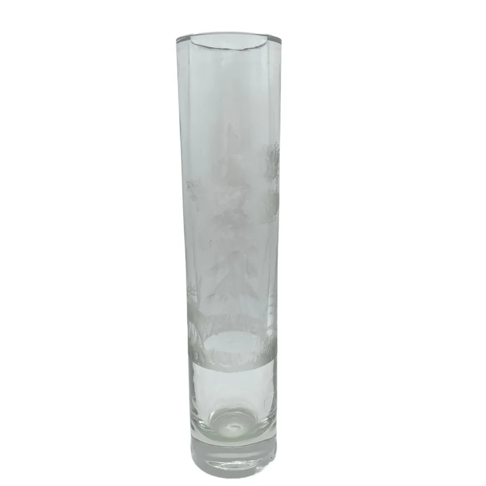 Vase Mid Century Wald Bäume Hirsch Dekor Schliff transparent 60er 70er Glas