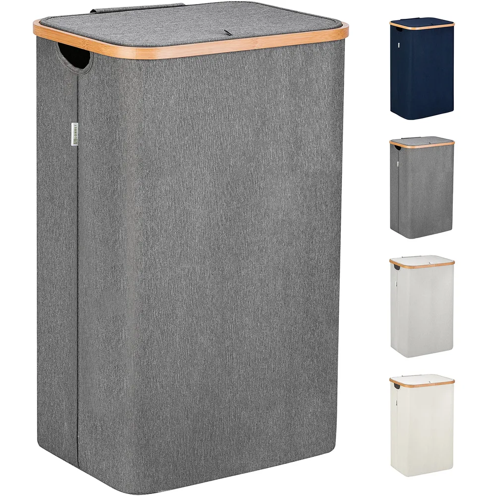 Derins - Wäschekorb mit Deckel Groß - XL 100 Liter - Wäschekorb Holz Bambus - Wäschesammler Grau mit Griffen - Grey Laundr...
