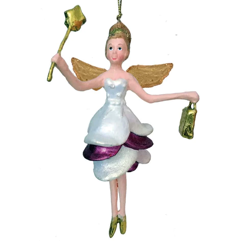 Christbaumschmuck Engel mit goldenem Stern und Tasche einem pink-weißen Kleid 16 cm