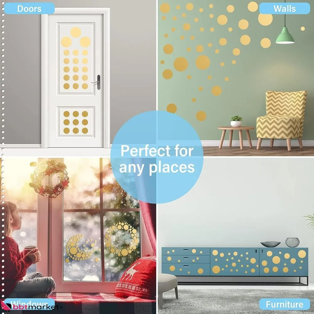 264 Stück Gold Punkte Wandaufkleber – PVC Wandtattoo Set 4 Größen, Selbstklebende Dots für DIY Deko, Wände & Möbel
