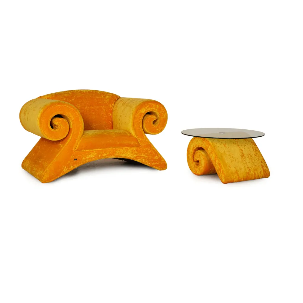 Bretz Mammut Samt Sessel Garnitur Gelb Tisch Couchtisch