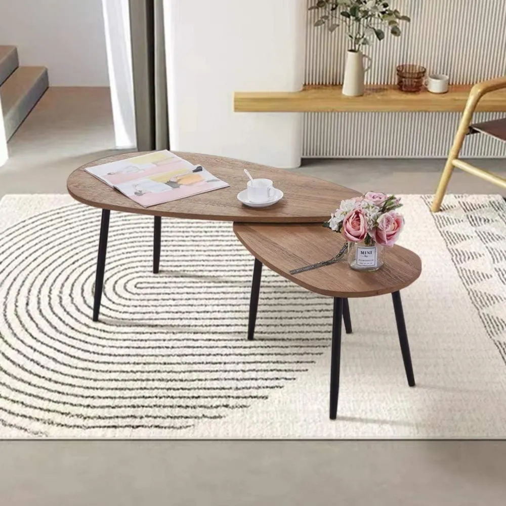 GOLDFAN 2er Set Couchtisch Rund Holz Modern Beistelltisch
