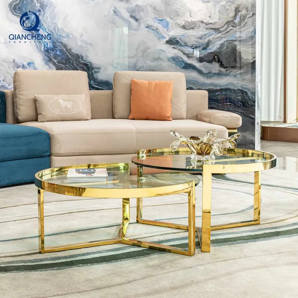 Moderner Couchtisch, neue Designs, Roségoldene Möbel, Metall-Couchtischgestell, Glas-Wohnzimmermöbel, individuell anpassbar