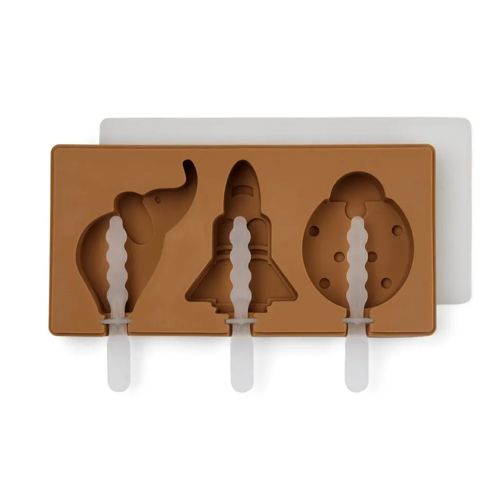 Nuuroo Elin Eis-Pop-Form aus Silikon – 3er Set mit Elefant, Rakete & Marienkäfer – lebensmittelecht, hellbraun