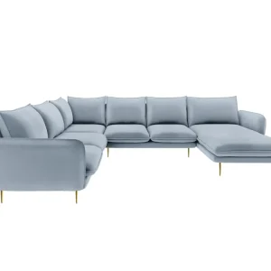 Panoramischer Samt-Ecksofa linksseitig für 7 Personen VIENNA hellblau mit goldenem Fuß
