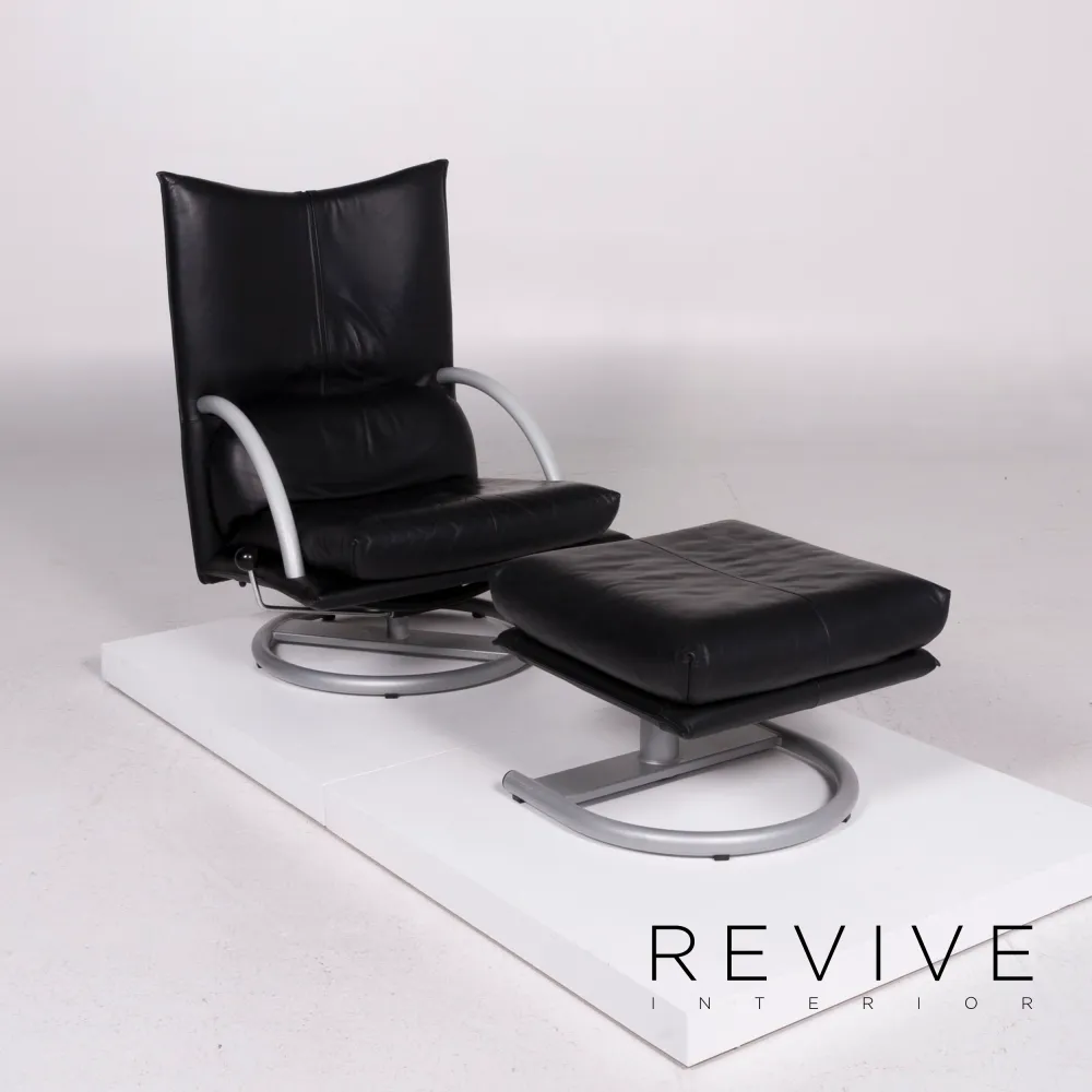 Rolf Benz Leder Sessel Schwarz inkl. Hocker #11511