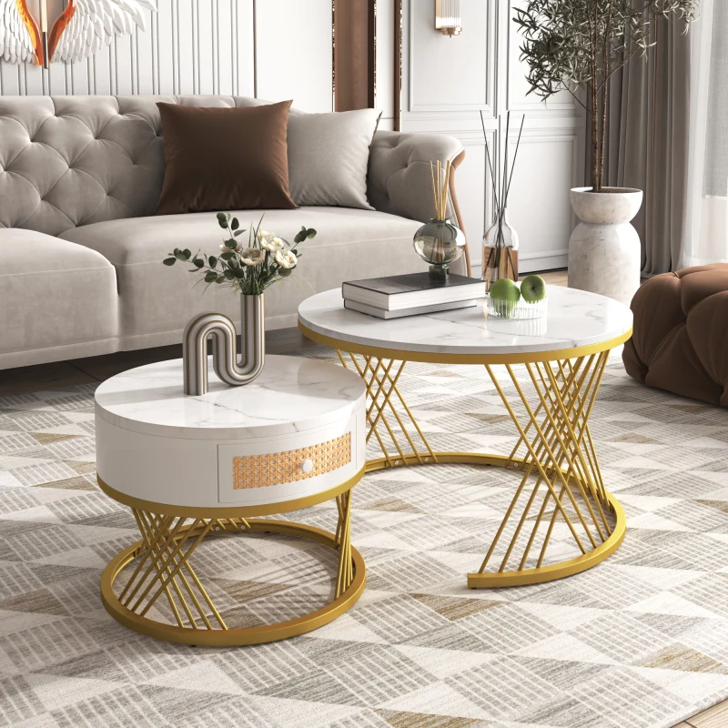 2 1 Runder Couchtisch aus MDF, Beistelltisch mit Tischplatte aus Marmor und Schubladen aus Kunststoff-Rattan, Griffe aus M...