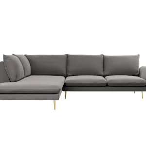 Samt-Ecksofa linksseitig für 5 Personen VIENNA hellgrau mit goldenem Fuß