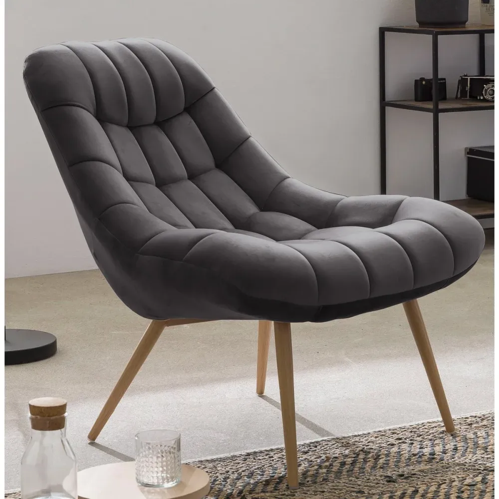 Sessel XXL Samt grau Metall Holzoptik